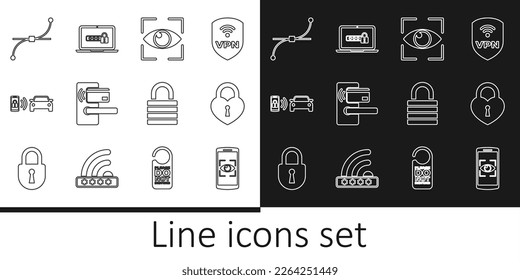 Set Line Mobile und Auge Scan, Schloss in der Form des Herzens, Auge, Digital Türschloss mit Wireless, Smart Auto Alarm System, Bezier Kurve, Lock und Laptop Passwort Symbol. Vektorgrafik