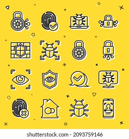 Set line Mobile and face recognition, System bug, Cyber security, monitor, Shield with brick wall,  and Safe combination lock icon. Vector