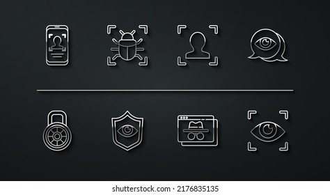 Set line Mobile- und Gesichtserkennung, Sichere Kombinationssperre, Augenscan, Browserinkognito-Fenster, Schild-Auge, System-Fehler und Gesichtssymbol. Vektorgrafik