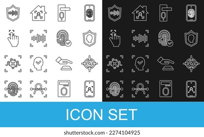 Set line Mobile and face recognition, Eye scan, User protection, Fingerprint door lock, Voice, Shield voice and  icon. Vector