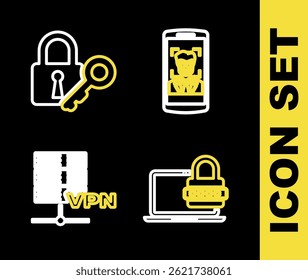 Set line Mobile and face recognition, Laptop with password, Server VPN and Lock key icon. Vector