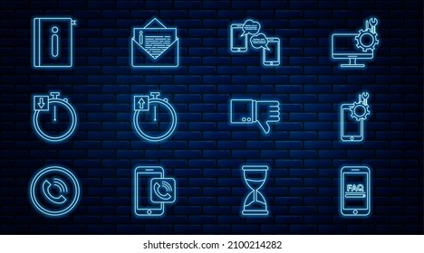 Línea Móvil con información de preguntas frecuentes, servicio, mensajes de chat móviles, Stopwatch, manual de usuario, Icono de No me gusta y Sobre. Vector