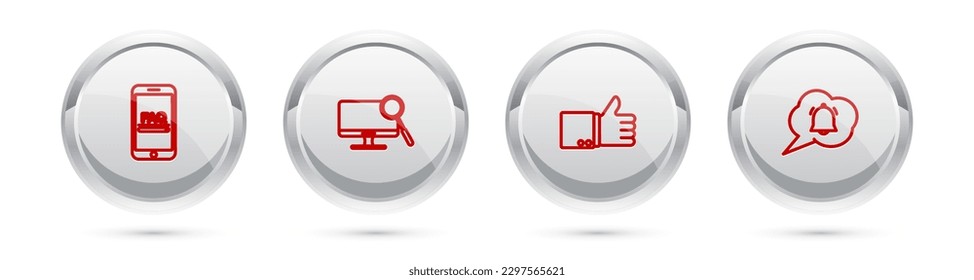 Fijar línea Mobile con información de preguntas frecuentes, diagnósticos de monitor de computadora, margen de maniobra para arriba y notificación de chat de burbujas de voz. botón Círculo plateado. Vector