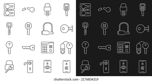 Fijar línea Móvil con escáner de huellas digitales, clave de la casa, clave, rota dentro del candado, error, teclas de ayuno e icono de bicicleta. Vector