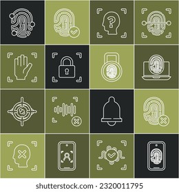 Set line Mobile with fingerprint scan, Rejection, Laptop, Face recognition, Fingerprint lock, Palm,  and  icon. Vector
