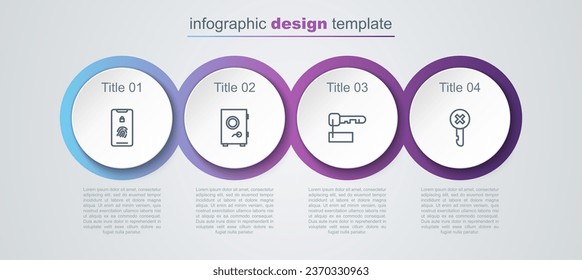 Set line Mobile with fingerprint scan, Safe, Marked key and Wrong. Business infographic template. Vector