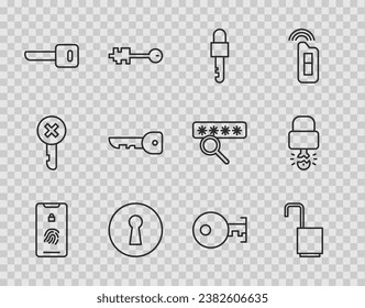 Fijar línea Móvil con exploración de huellas digitales, Abrir candado, tecla bloqueada, agujero de tecla y rota dentro del icono. Vector