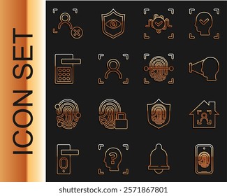 Set line Mobile with fingerprint scan, Smart home face id, Face recognition, Voice, Digital door lock, Rejection and Fingerprint icon. Vector