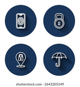 Set line Mobile with fingerprint scanner, Lock,  and Umbrella with long shadow. Blue circle button. Vector