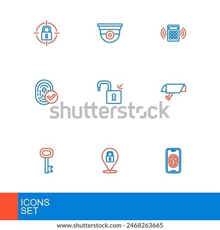 Set line Mobile with fingerprint scanner, Lock, Old key, Security camera, Fingerprint, Open padlock, keypad access panel and  icon. Vector