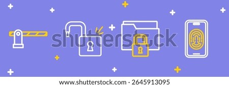 Set line Mobile with fingerprint scanner, Folder and lock, Open padlock and Parking car barrier icon. Vector