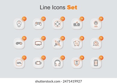 Set line Mobile gaming, Chess shield, Headphones, Portable video game console, Level, Power button, Playing cards and Sword for icon. Vector