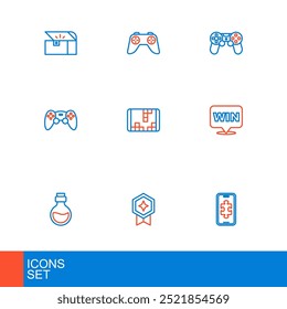 Set line Mobile gaming, Game rating with medal, Bottle magic elixir, Medal, controller or joystick, Portable video game console,  and  icon. Vector