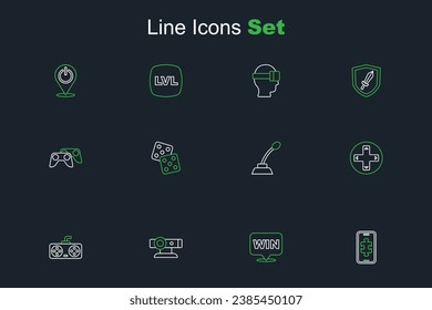 Set line Mobile gaming, Medal, Web camera, Game controller or joystick, Microphone, dice and  icon. Vector