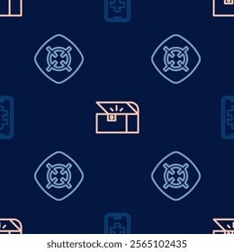 Set line Mobile gaming, Target sport and Chest for game on seamless pattern. Vector