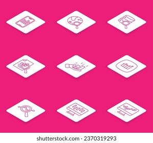 Set line Mobile with graph, Search globe, Server, Document chart, Financial growth, data analysis and Stocks market graphs icon. Vector