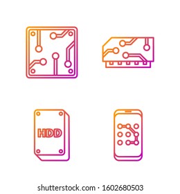 Set line Mobile and graphic password protection, Hard disk drive HDD, Processor and RAM, random access memory. Gradient color icons. Vector
