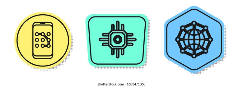 Set line Mobile and graphic password protection, Processor and Global technology or social network. Colored shapes. Vector