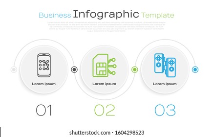 Set line Mobile and graphic password protection, Sim card and Gamepad. Business infographic template. Vector