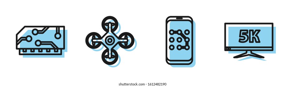 Set line Mobile and graphic password protection, RAM, random access memory, Drone and Monitor display with 5k video icon. Vector
