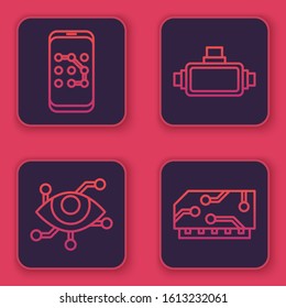 Set line Mobile and graphic password protection, Virtual reality, Virtual reality glasses and RAM, random access memory. Blue square button. Vector