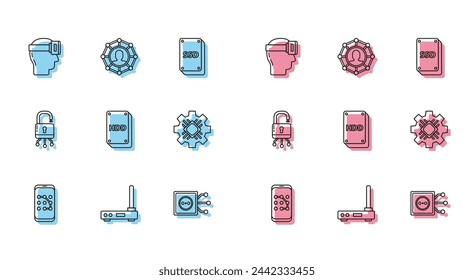 Set line Mobile and graphic password protection, Virtual reality glasses, Remote control, Hard disk drive HDD, Processor, Lock digital circuit board and Project team base icon. Vector