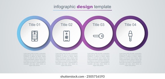 Contraseña móvil y gráfica, con escaneo de huellas dactilares, llave y llave bloqueada. Plantilla de infografía de negocios. Vector