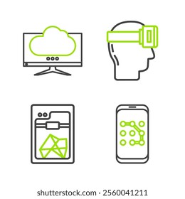 Set line Mobile and graphic password protection, 3D printer, Virtual reality glasses and Computer monitor screen icon. Vector