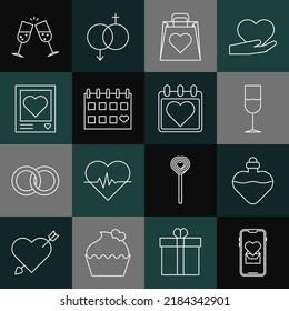 Set line Mobile with heart, Bottle love potion, Wine glass, Shopping bag, Calendar, Photo frames and hearts, Glass of champagne and  icon. Vector