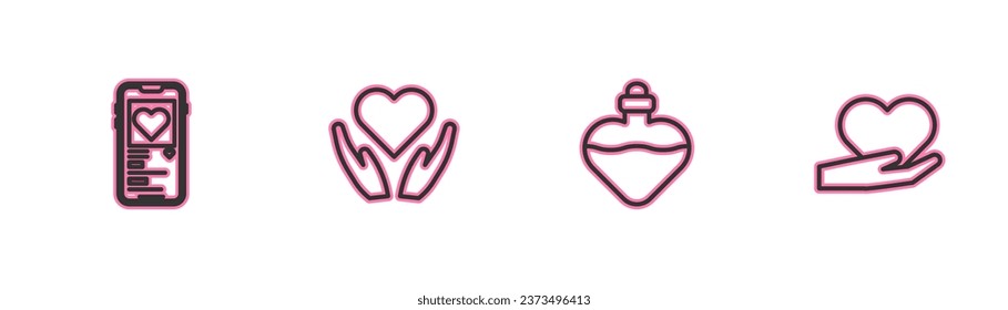 Fijar línea móvil con corazón, poción de amor en botella, corazón en mano e icono. Vector