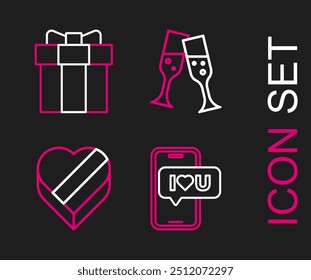 Set line Mobile with heart, Candy in shaped box, Glass of champagne and Gift icon. Vector