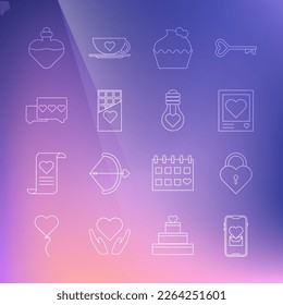 Set line Mobile with heart, Castle in the shape of, Photo frames and hearts, Wedding cake, Chocolate bar, Like, Bottle love potion and Heart light bulb icon. Vector