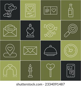 Set line Mobile with heart, Clock, Search and love, Valentines day party flyer, Bottle potion, Greeting card, Romantic hot air balloon and Candy icon. Vector