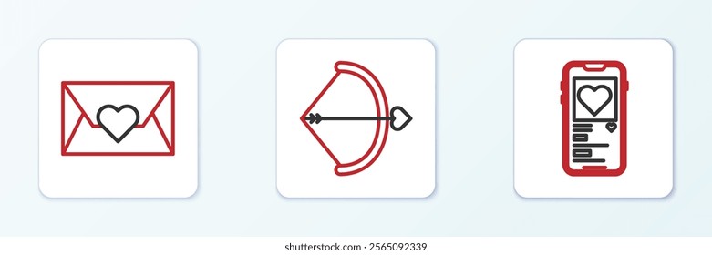 Set line Mobile with heart, Envelope Valentine and Bow and arrow icon. Vector
