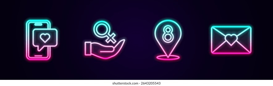 Set line Mobile with heart, Female gender symbol, 8 March and Envelope. Glowing neon icon. Vector