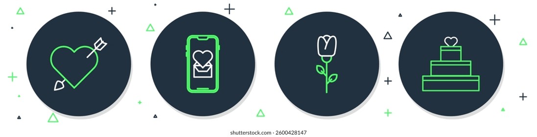 Set line Mobile with heart, Flower rose, Amour and arrow and Wedding cake icon. Vector