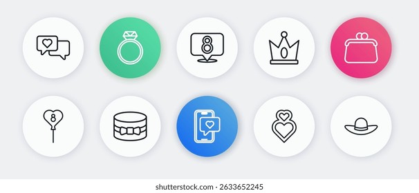 Set line Mobile with heart, Handbag, Balloons 8 March, Heart, King crown, Elegant women hat and Gift box icon. Vector