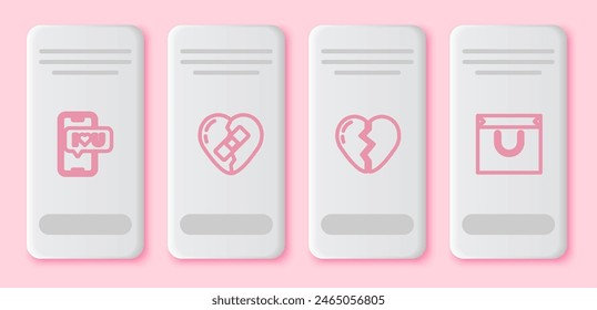 Set line Mobile with heart, Healed broken, Broken and Shopping bag. White rectangle button. Vector