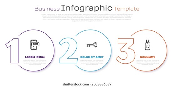 Set line Mobile with heart, Key in shape and Heart tag. Business infographic template. Vector