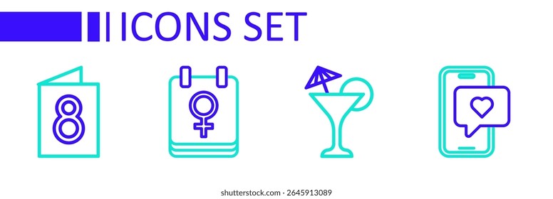 Fije la línea móvil con el corazón, el vidrio de Martini, el calendario 8 de marzo y el icono de la tarjeta de felicitación. Vector