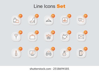 Set line Mobile with heart, Perfume, Bedroom, Woman shoe, Champagne bottle, Envelope 8 March, Heart and Flower tulip icon. Vector