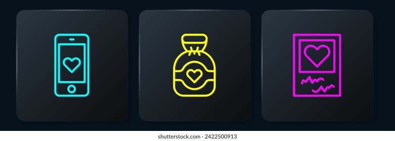 Set line Mobile with heart, Photo frames and hearts and Chocolate candy. Black square button. Vector