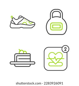 Set line Mobile with heart rate, Cake, Kettlebell and Sport sneakers icon. Vector
