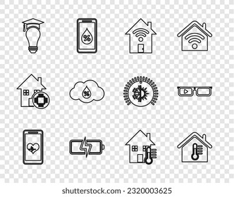 Set line Mobile with heart rate, House temperature, Smart home wi-fi, Battery, Light bulb and graduation cap, Humidity,  and glasses icon. Vector