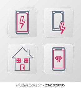 Fija la línea Mobile con frecuencia cardíaca, House bajo protección, carga de la batería y el icono. Vector