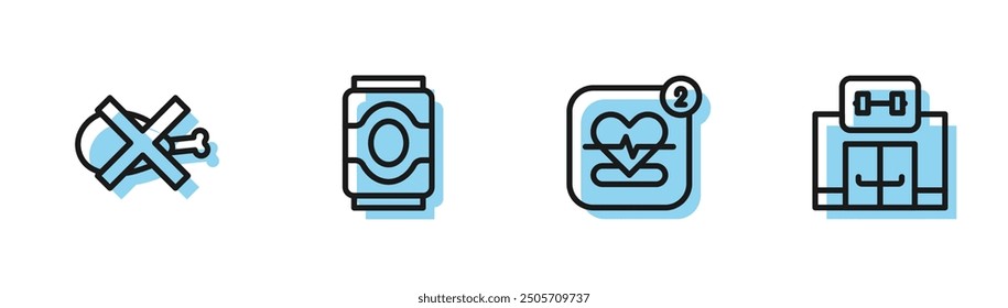 Set line Mobile mit Herzfrequenz, kein Fleisch, Soda-Dose und Fitnessraum Gebäude Symbol. Vektorgrafik
