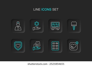 Set line Mobile with heart rate, Pills in blister pack, Blood donation, Immune system, Dental implant, Monitor cardiogram, Cross hospital medical and Male doctor icon. Vector