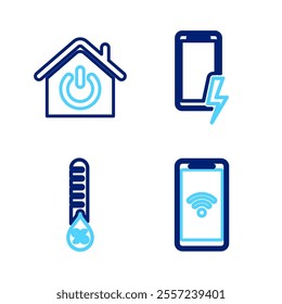 Set line Mobile with heart rate, Humidity, charging battery and Smart home icon. Vector