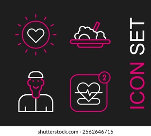 Set line Mobile with heart rate, Positive thinking, Healthy food and Sun icon. Vector