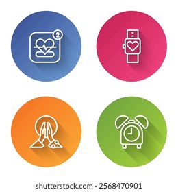 Set line Mobile with heart rate, Smart watch, Meditation and Alarm clock. Color circle button. Vector